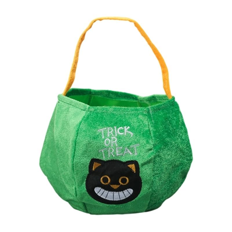 Halloween Trick Or Treat Bucket Bag – Reusable Pumpkin Trick Or Treat Bag, Velvet Halloween Candy Bucket Tote Bag, Kids Halloween Candy Holder for Party Favors, Ghost Pumpkin Owl Pattern Tote (green)