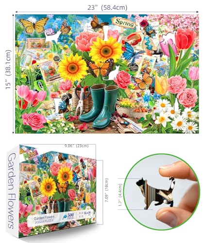 Image of Spring Garden Butterfly 500 Piece Jigsaw Puzzle for Adults Vintage Colorful Flower Art Tulips Sunflowers Puzzle with Letters on Back Fun Family Challenging Games Gift for Seniors (23 inchx15 inch)