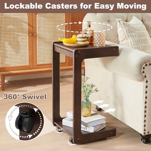 Image of Uniclinens C Table for Sofa, Rolling Side Table with Wheels, Sofa Table with Storage, Narrow Sofa Tray, Skinny Thin Side Table, Solid Wood Slim Small Couch End Table for Living Room, Walnut