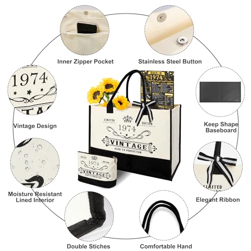 Image of 52nd Birthday Gift for Women-Vintage 1974 Canvas Tote Bag,Makeup Bag,Poster