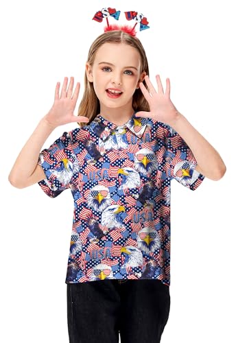 Image of AOBUTE Kids 4th of July Polo American Flag Short Sleeve Button Down Shirts Tops 3-14 Years