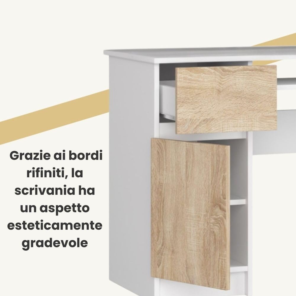 AKORD | Scrivania con Ripiano per Tastiera, Cassetto e Armadietto Sul Lato Sinistro | Scrittoio per Ufficio | Scrivania per Computer PC Laptop | Salvaspazio | 90x77x50 cm | 30 kg Bianco/Rovere Sonoma