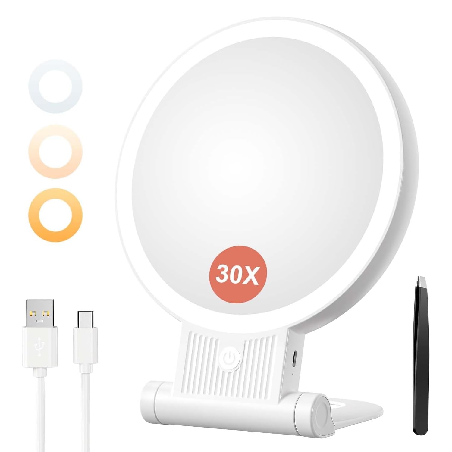 Auxmir Espejo Maquillaje con Luz, 30X/1X Aumento de Doble Cara, Espejo 72 Leds 3 Colores de Luz, 2000 mAh con USB Pinza, Colgar Pared Brillo Regulable para Bolso Viajes, Blanco