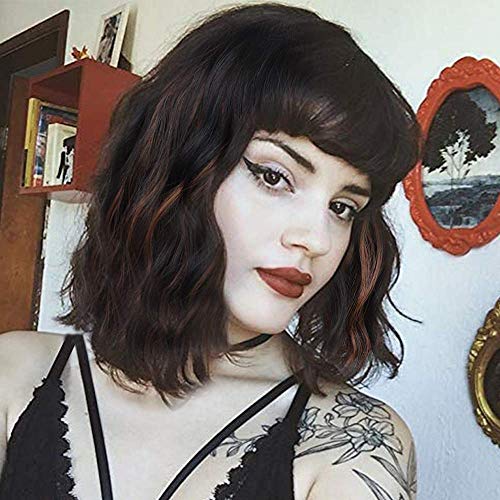 Isaic Short Black Mixed Brown Wigs for Women Wavy Bob Wig with Bangs Women's Shoulder Length Synthetic Curly Pastel Bob Wig for Girl Colorful Cosplay Wigs