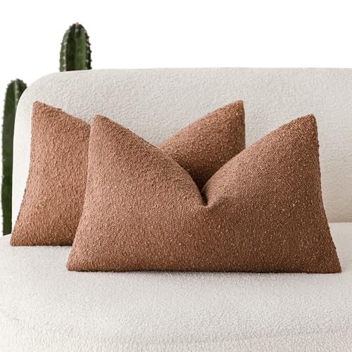Image of Foindtower Pack of 2 Textured Boucle Throw Pillow Covers Accent Solid Decorative Lumbar Pillow Cases Soft Couch Cushion Case for Chair Sofa Bedroom Living Room Home Decor 12x20 Inch Burnt Orange Hazel