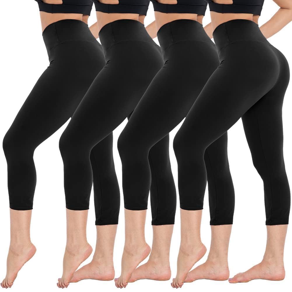4 Pack Capri Leggings for Women - High Waisted Capris Tummy Control Yoga Pants with Pockets Workout Cycling Tights