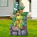 HPC Decor Outdoor 4-Tier Frog Waterfall Fountain with LED Lights for Garden, Patio, Yard, and Porch Décor, 19.9" H (Green)