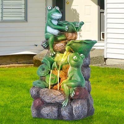 HPC Decor Outdoor 4-Tier Frog Waterfall Fountain with LED Lights for Garden, Patio, Yard, and Porch Décor, 19.9" H (Green)