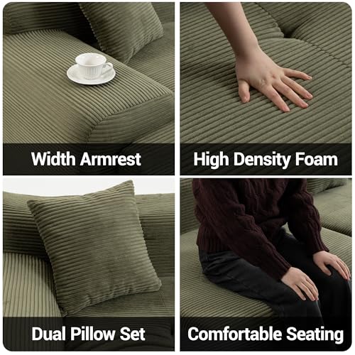 Image of 119'' Modular L-Shaped Boneless Sectional, Corduroy Deep Seat Cloud Sectional Couch, Small Space Sofa for Apartment Living Room Bedroom, No Assembly, Green