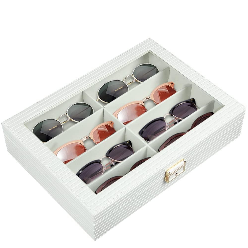 BLIENCESunglasses Organizer for Women Men, 8 Slot Sunglasses Storage Case, Roman Column Embossment Eyeglasses Eyewear Display Case, Jewelry, Watch, Sunglasses, Glasses Collector Box with Metal Lock