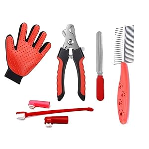 Pups&Pets Dogs Grooming Kit Double Side Comb, Nail Cutter, Nail Grinder, Tooth Brush and Glove for Puppy, Cat and Kitten Combo of 5