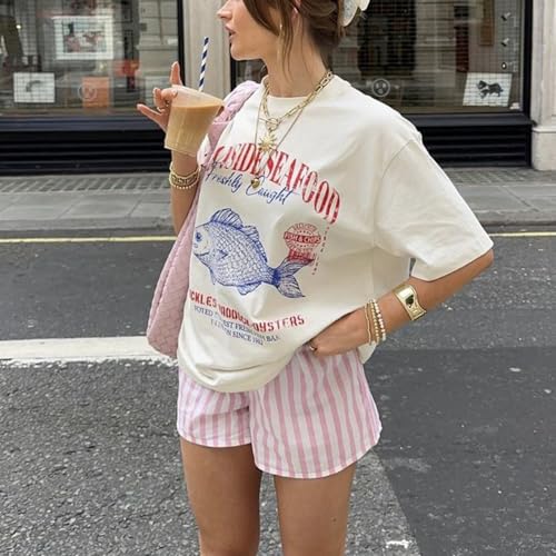 Women Cute Graphic Oversized Tees Fish Lobster Printed Y2K Baggy T Shirts Teen Girls Preppy Vintage Aesthetic Summer Tops2