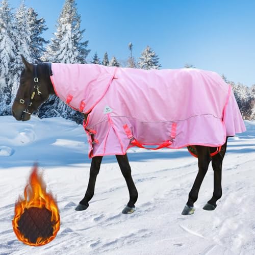 Image of Turnout Blanket for Horses, Waterproof Thickened Horse Sheet with Detachable Neck Cover,1600D Nylon Outer, 400g Heavy Weight Filling (Pink, US 78IN(EU 145cm))