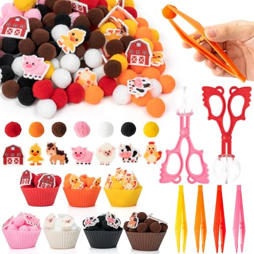 EZdhuawuse Farm Animals Sensory Bin Fillers - 301Pcs Summer Fine Motor Toys Sorting Stacking Toys for Kids Felt Pig Horse Sheep Pom Poms Cup Clip for Preschool Education Early Development Activities