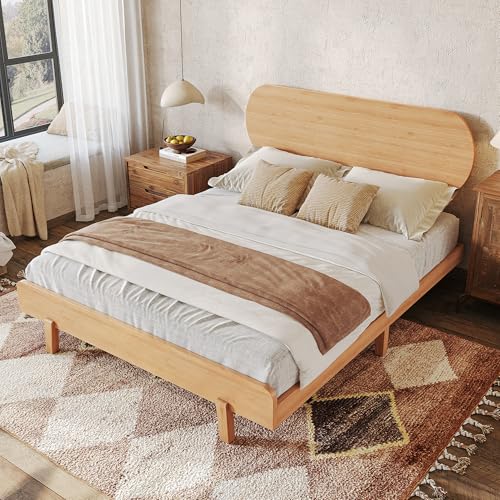 Image of Bellemave Queen Size Bamboo Bed Frame with Headboard,Bamboo Platform Bed Frame Queen Size with Rounded Headboard and Wood Slats,Easy Assembly,Natural