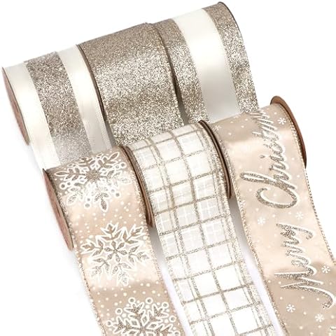 Ribbli Christmas Ribbon Wired Champagne Gold Christmas Tree Ribbon Snowflake Glitter Wired Ribbons for Crafts Gift Wrapping Wreaths Garland Home Decor -2.5 Inchx6 Rolls Total 36Yard Cover