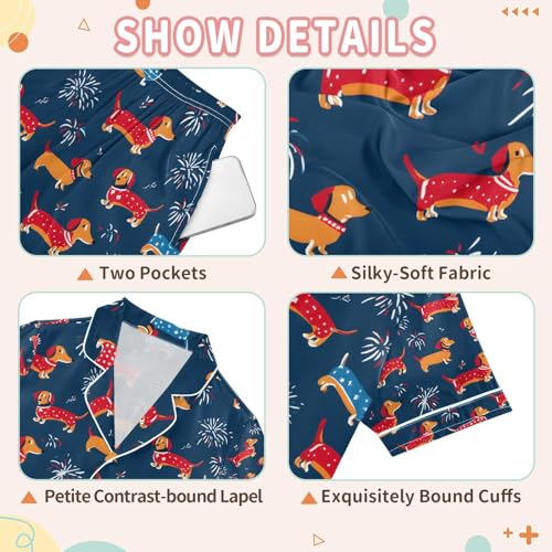 senya Dachshund Dogs Firework Satin Summer Pajama Sets Silk Short Sleeve Button Down Sleepwear3