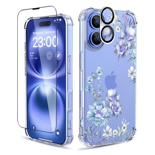 ilnehc for iPhone 16 Plus Case,[3 in 1] with Screen Protector & Camera Lens Protector, Flower Pattern Design,Clear Soft Shockproof Slim Floral Phone Cover for Women Girls 2024 6.7" (Magnolia/Blue) by ilnehc - Used condition - US$5.05