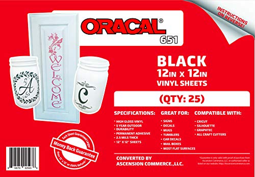 Oracal 651 Black Adhesive Craft Vinyl For Cricut, Silhouette, Cameo, Craft Cutters, Printers, And Decals - 12" X 12" Sheets - Gloss Finish - Outdoor And Permanent ((25) Sheets) #TOP1