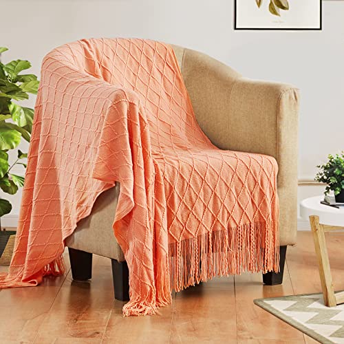 Touchat Knitted Throw Blankets For Couch, Sofa And Bed, Lightweight Soft Knit Blanket With Tassel, Decorative Cozy Farmhouse Throw Blankets For Women And Man 50"X60", Coral Burnt Orange #TOP8