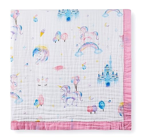 Image of Jay & Ava Muslin Blanket 42" x 42", Soft Toddler Cotton Blanket for Boy, 4 Layers Bed Throw for Baby Crib, Large Receiving Blanket - (Pink Rainbow Unicorn)