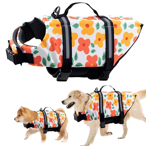 Schwimmweste Hund, FainFun Schwimmweste Hund Orange, für Klein und Groß Hunde Ripstop und Reflektierende, Verstellbare Größe mit Starkem Auftrieb und Schwimmen Rettungsgriff (Blume, L)