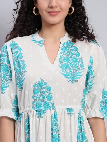 Image of PIDAVLIYA'S Women's Floral Summer Maxi Dress I Cotton Printed I One Piece Bodycon Midi Dress with V-Neck, Puffed Sleeves