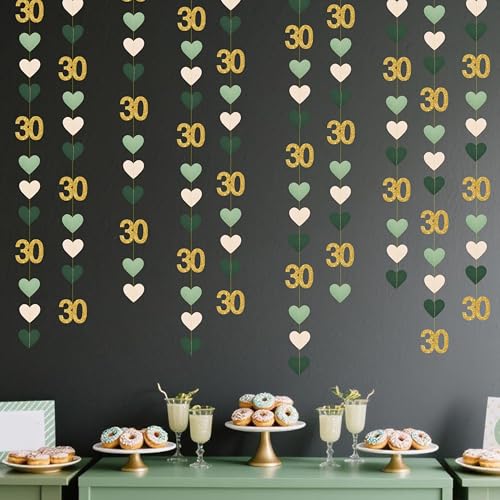 Image of Sage Green Gold 30th Birthday Decorations Sage Green Gold Heart Garland Streamer Banner Backdrop for Women Happy 30th Birthday Dirty Thirty Cheers to 30 Years Old Fabulous Anniversary Party Supplies