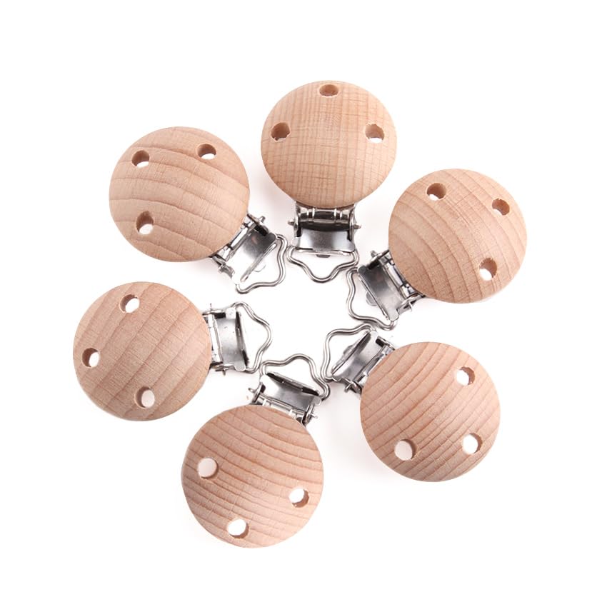 Image of Natural Beech Wood Round Pacifier Clips Suspender Clips Sutoyuen Wood Pacifier Clip Holder Charm for DIY Babies Dummy Chain Accessories 30 Pieces (with Hole)