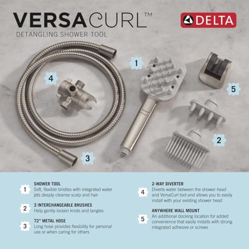 Image of Delta VersaCurl Detangling Handheld Shower Head Tool for Curly Hair with 3 Curl Defining Brush Inserts Included, Detangler Brush Hand Shower with Hose, Spotshield Brushed Nickel 74B430SN