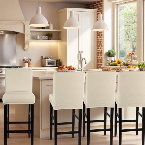 Image of SearchI Waterproof Bar Stool Covers Set of 4, Stretch Barstool Seat Covers, Counter Height Chair Covers for Kitchen Dining Room Cafe (Beige Jacquard)