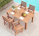 GREENVINES Juego de comedor para exteriores de 5 piezas | HDPE | Juego de mesa y sillas de patio para 4 | Muebles de patio | Para todo tipo de clima | Agujero para sombrilla | Teca | para patio
