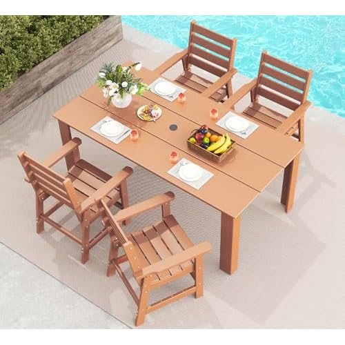 GREENVINES 5-Piece Outdoor Dining Set | HDPE | Patio Table and Chairs Sets for 4 | Patio Furniture | All Weather | Umbrella Hole | Teak | for Backyard