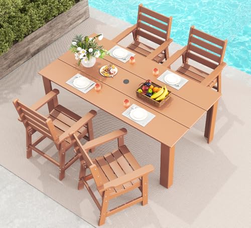 Image of GREENVINES 5-Piece Outdoor Dining Set | HDPE | Patio Table and Chairs Sets for 4 | Patio Furniture | All Weather | Umbrella Hole | Teak | for Backyard Poolside Garden