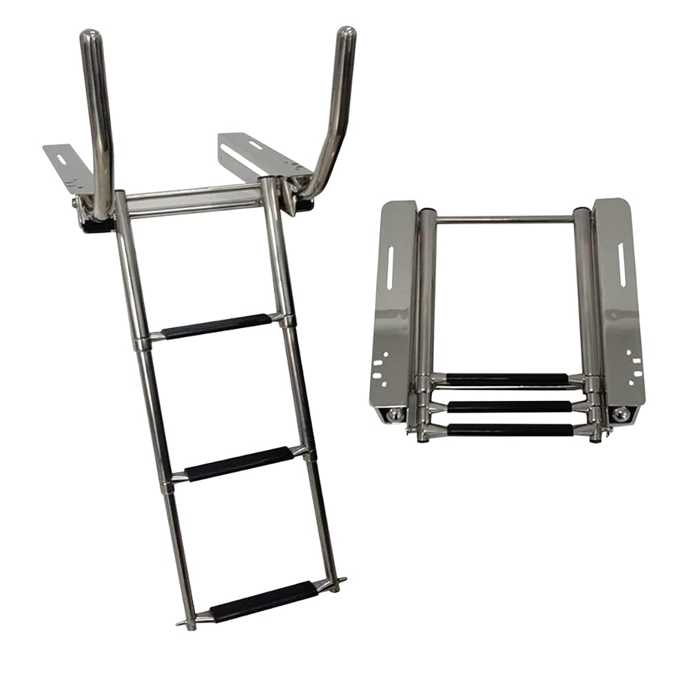 Under Platform Telescoping Boat Ladder with Retractable Handrail – 316 Stainless Steel, Rust-Resistant, 400 lbs Capacity, Space-Saving Design for Boat & Yacht