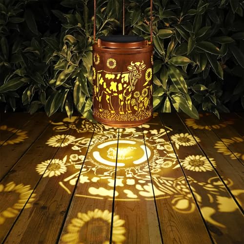 Image of Solar Lanterns Garden Decor Birthday Gifts for Women Mon Grandma Metal Hanging Solar Lights Waterproof Outdoor Decoration for Outside LED Lanterns for Yard Patio Lawn (Cow)
