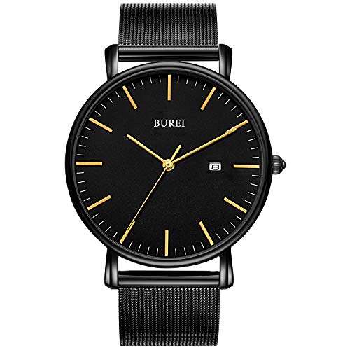 BUREI Men's Fashion Minimalist Wrist Watch Analog Black Dial with Stainless Steel Mesh