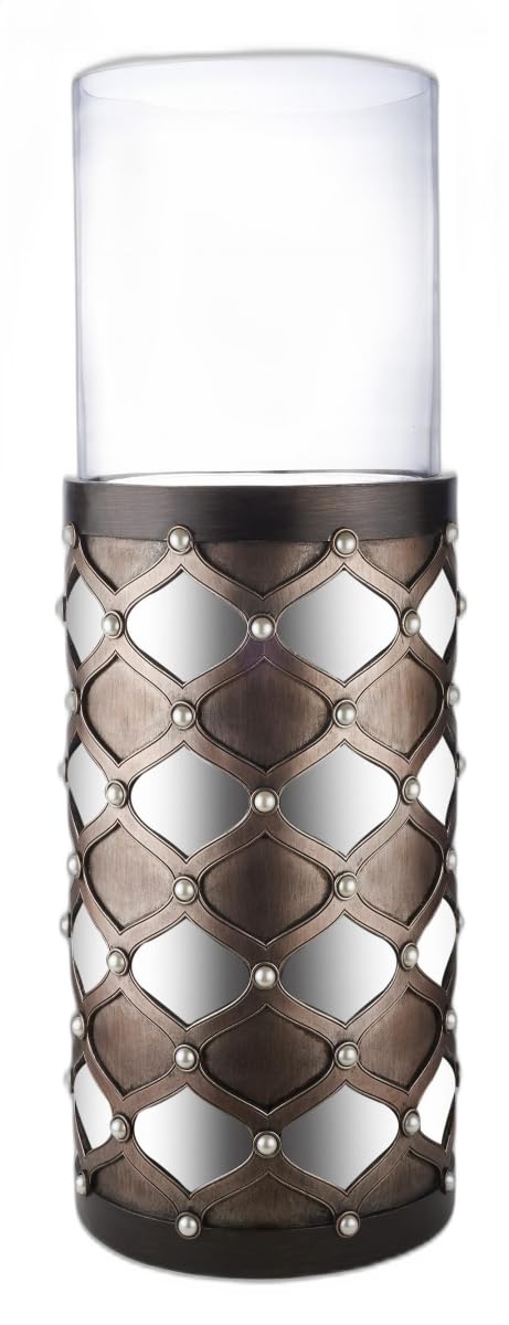 HomeRoots 468841 31 x 11.25 x 11.25 in. Bronze & Silver with Pearls Floor Hurricane Candle Holder