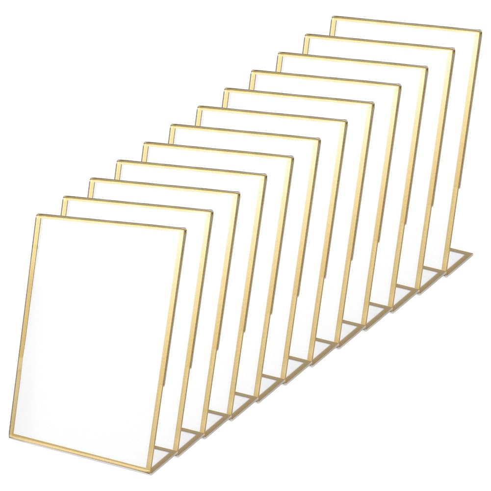 CTRLZS 12Pcs Acrylic Sign Holder,Double Sided Gold Photo Frame with Vertical Holder,Wedding Table Number Holder,Menu Holder