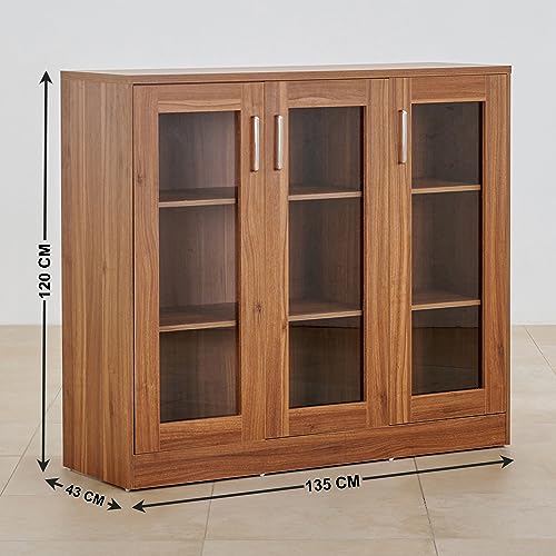 Image of Home Centre | Quadro 3-Door Book Cabinet | Engineered Wood | Brown | 1 Year Warranty