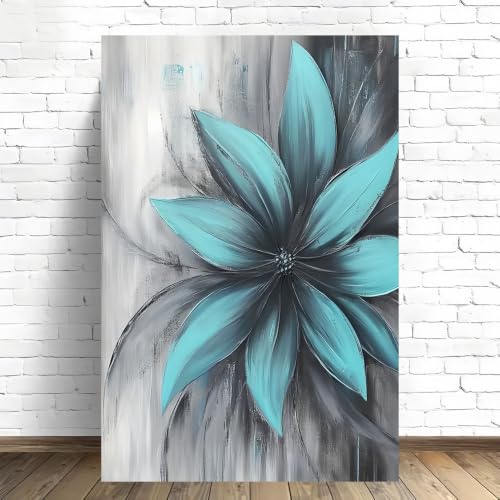 Toile murale texturée motif floral turquoise vertical tableau salon 55x75cm