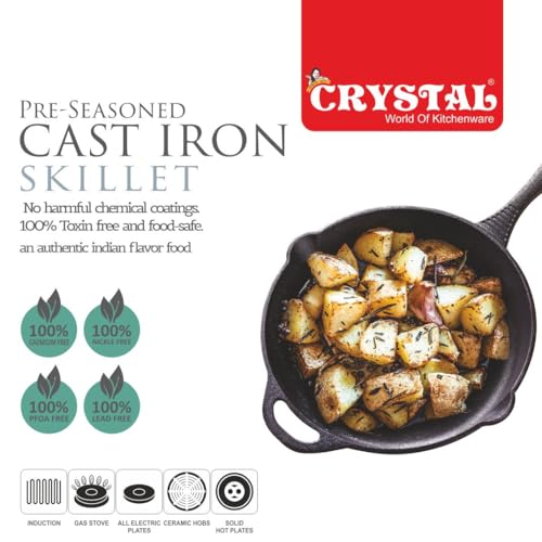 Image of Crystal Pre-Seasoned Cast Iron Skillet /Fry Pan 250 Mm | Free Handle Cover | 100% Toxin Free | Naturally Non Stick | Long Lasting | Induction & Gas Stove Compatible
