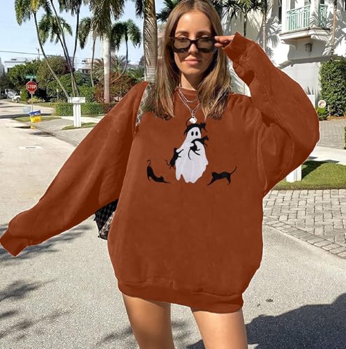 Halloween Spooky Season Sweatshirt Women: Oversized Black Cat Ghost Sweatshirts Fall Embroidered Pullover Top2