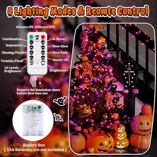 Image of 3PK Orange and Purple Halloween Fairy Lights Battery Operated with Remote | 8 Lighting Modes, Remote Control, Timer & Dimmable, Total 78FT 240LED Twinkle Lights for Outdoor Indoor Halloween Home Decor