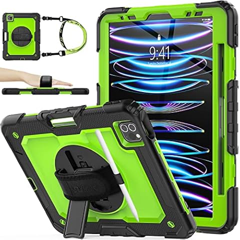 SEYMAC stock iPad Pro 11 Case 2022/2021/2020/2018, Shockproof iPad Pro 11 Inch Case with Screen Protector Pencil Holder [360 Rotating Hand Strap] & Stand, Heavy Duty Protective iPad Pro 11 Case, Green Cover
