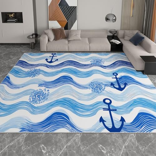 Tapis de salon lavable à rayures ondulées ancre nautique bleu - 4
