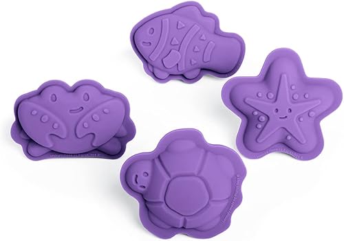Bigjigs Toys Moldes de silicona color morado lavanda  Juego de 4 juguetes de playa de silicona, juguetes de playa ecológicos, juguetes sostenibles