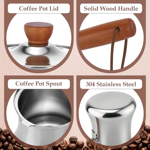 Cafetera turca de acero inoxidable de 550 ml, jarra de leche y mini olla con mango madera 8
