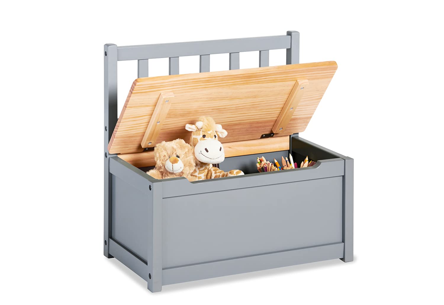 Pinolino Kindertruhenbank Fenna, vollmassives Kiefernholz, mit Klappendämpfer, Sitzhöhe 29 cm, für Kinder ab 2 J., grau und klar lackiert