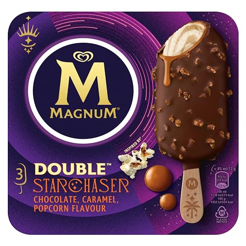 Magnum Bombón, Helado Double Starchaser Cholocate, Caramelo y Sabor Palomitas, 3 x 72g (Congelado)